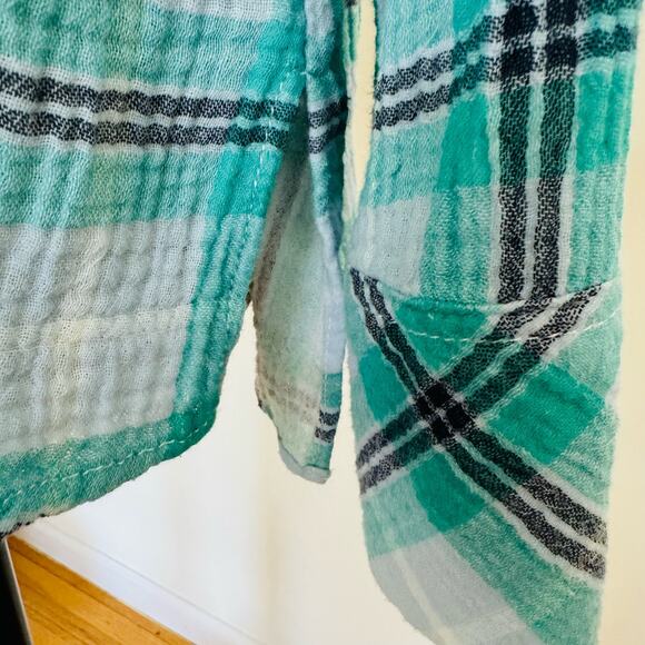 Anthropologie Sanctuary Plaid Gauzy Cotton Turquoise Boxy Button Up Shirt Small - Picture 3 of 11